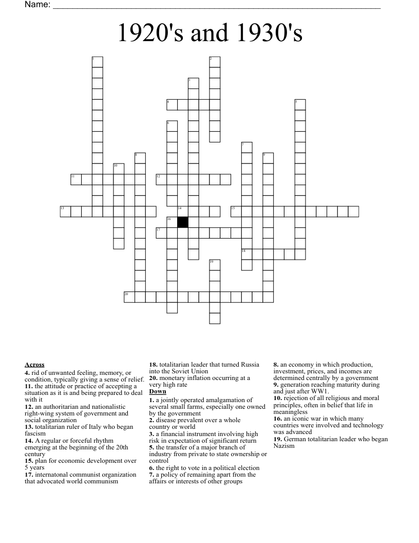 1920's and 1930's Crossword