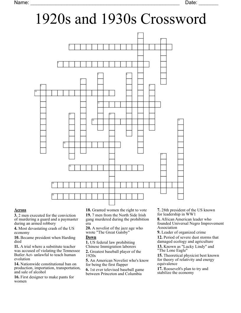 1920s and 1930s Crossword