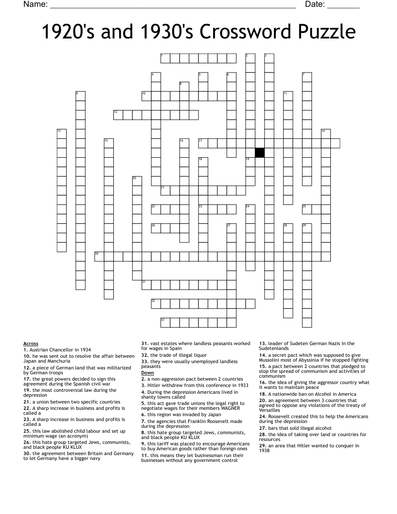 1920's and 1930's Crossword Puzzle