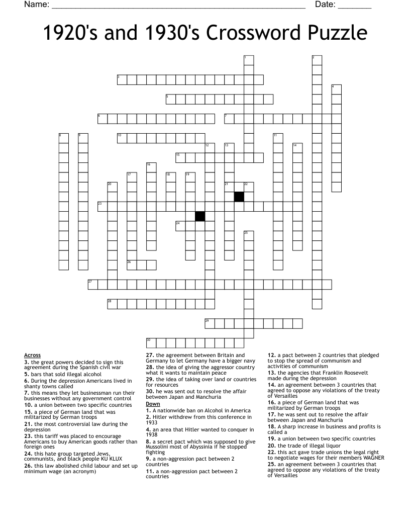 1920's and 1930's Crossword Puzzle