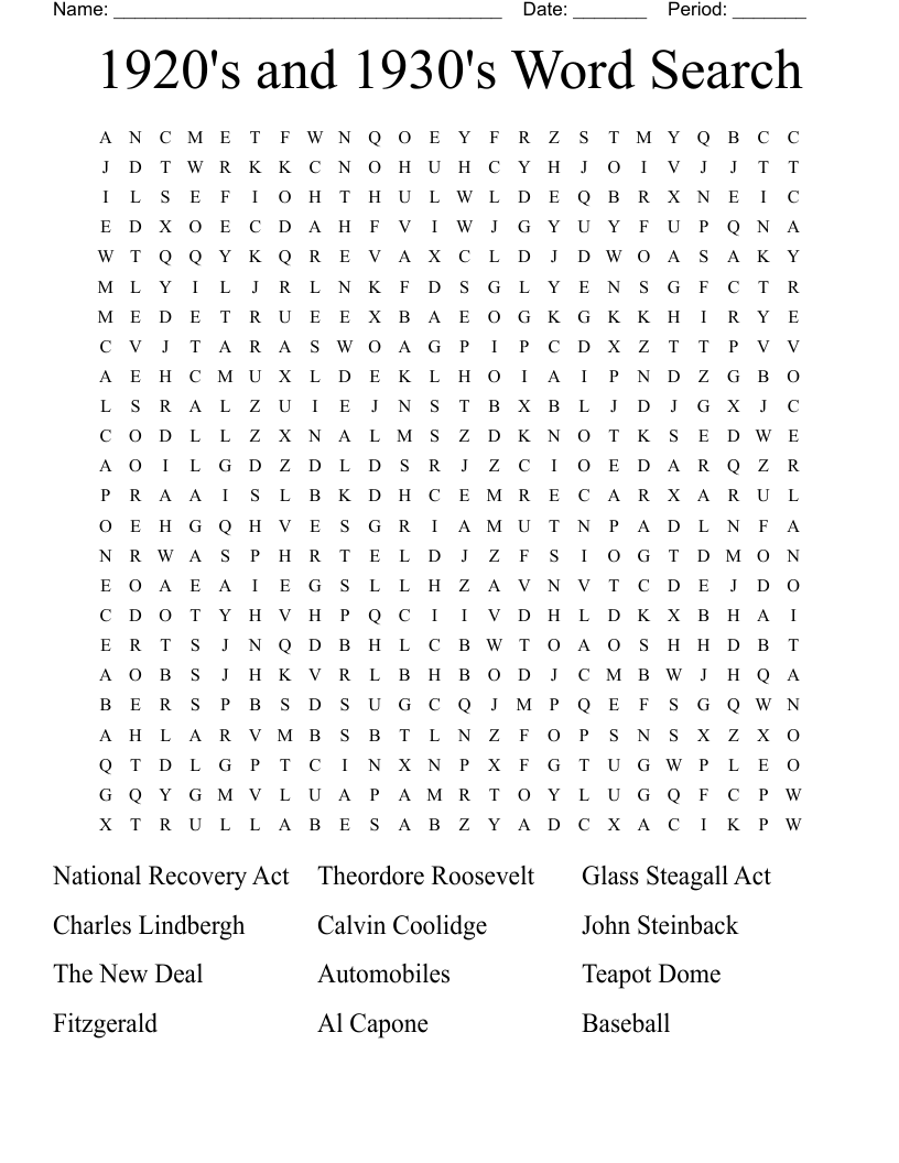 1920's and 1930's Word Search