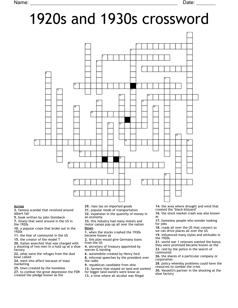 1920s and 1930s crossword