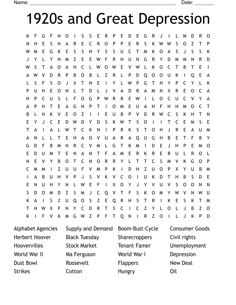 1920s and Great Depression Word Search