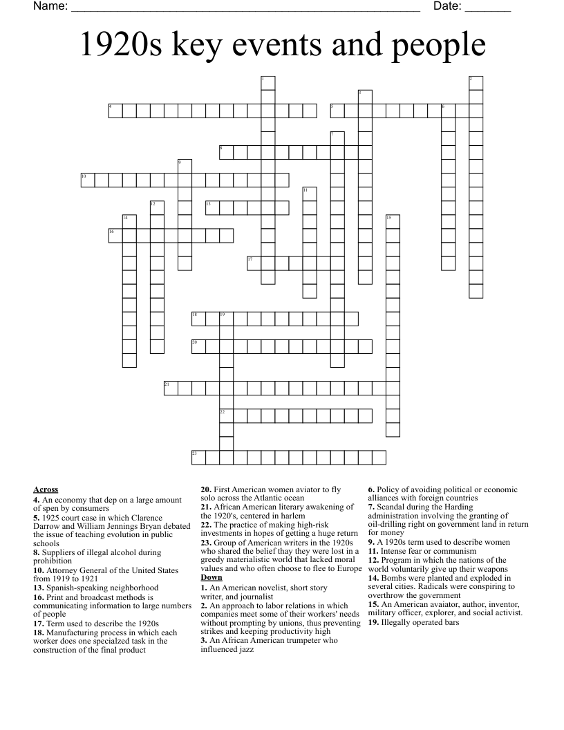 1920s key events and people Crossword