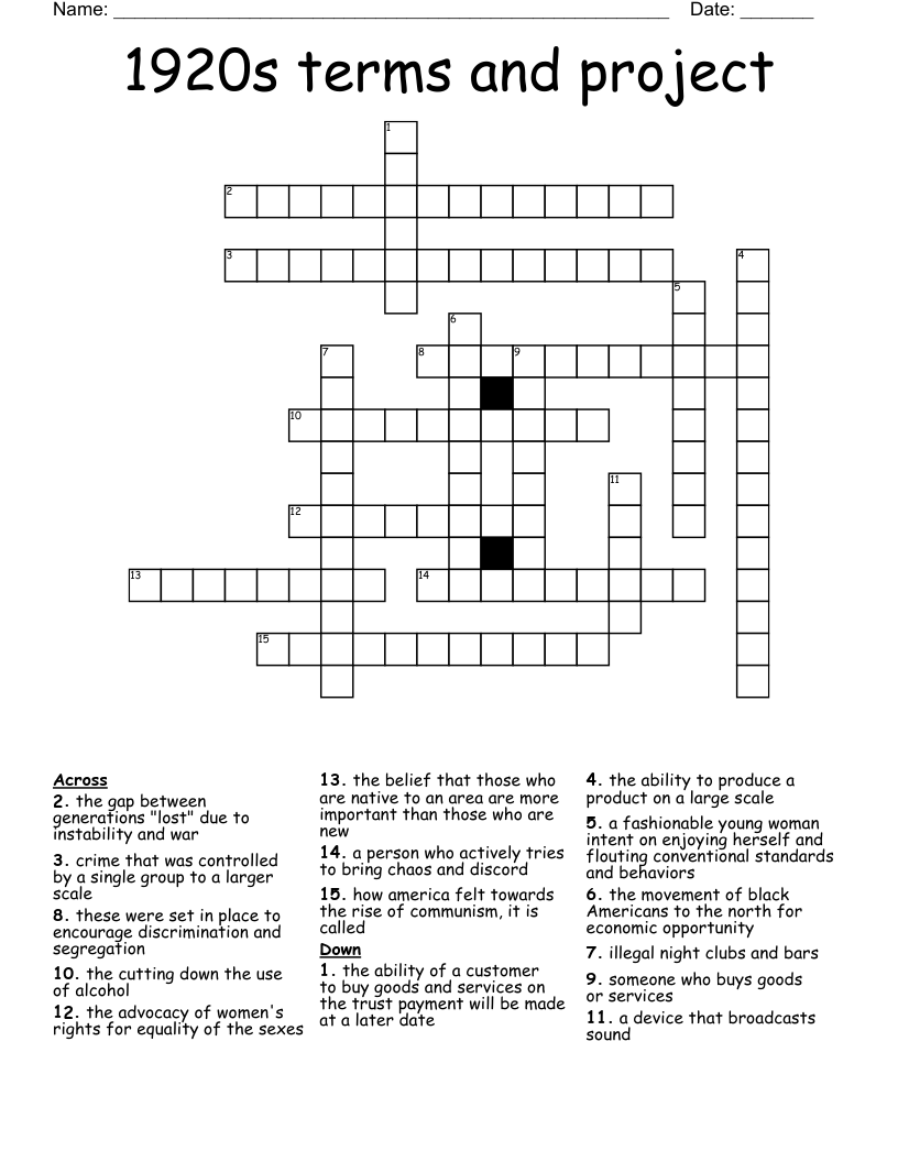 1920s terms and project Crossword