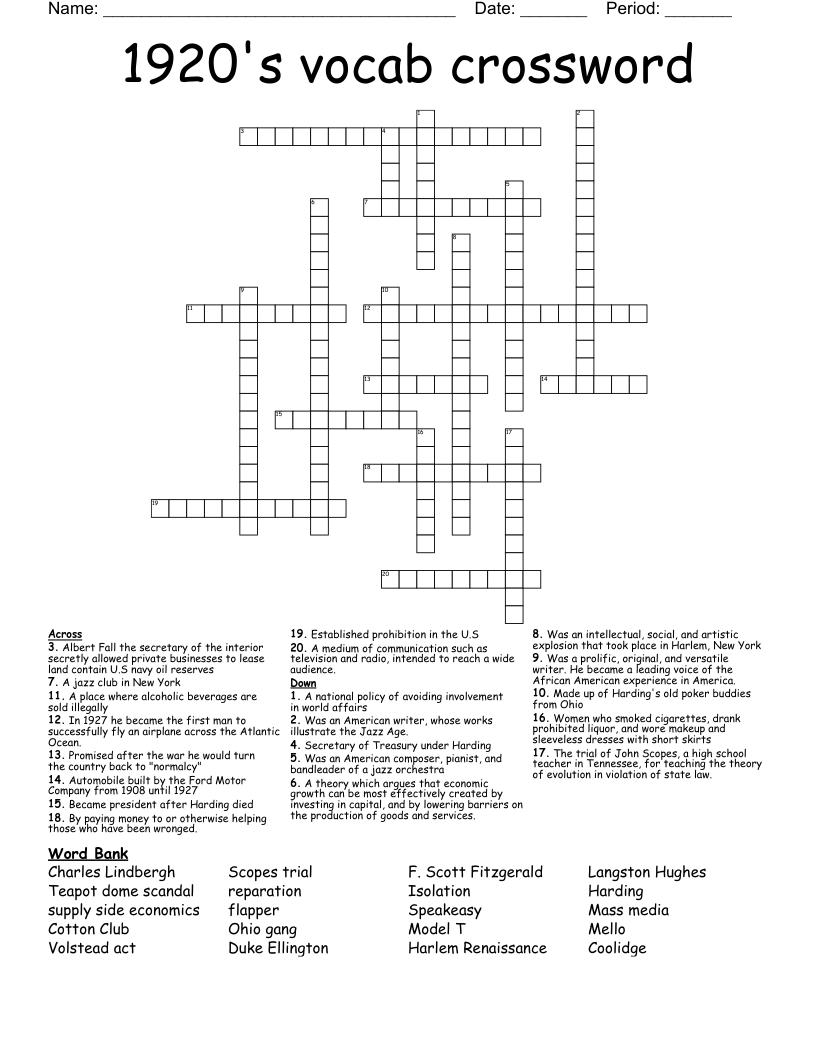 1920's vocab crossword