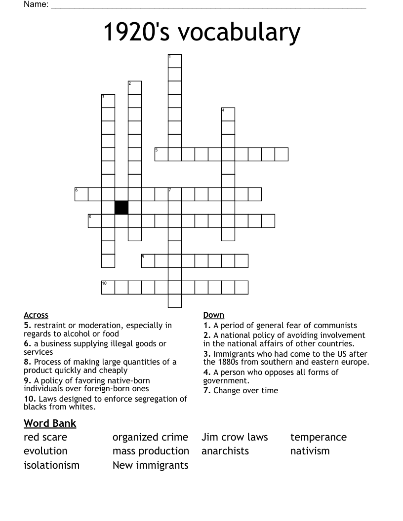 1920's vocabulary  Crossword