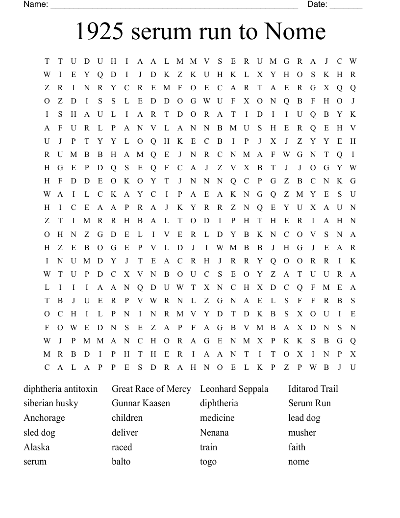 1925 serum run to Nome Word Search