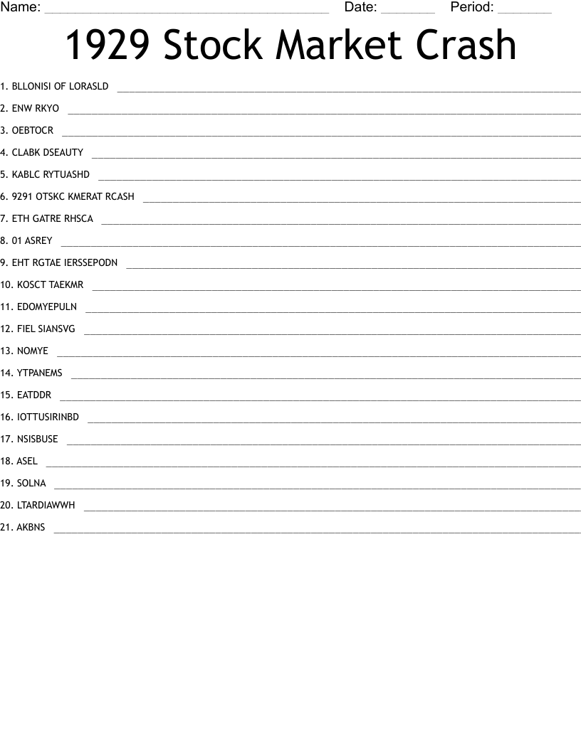 1929 Stock Market Crash Word Scramble