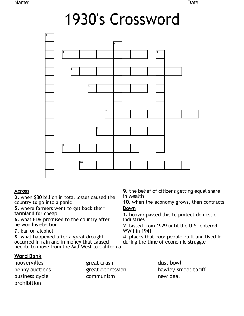 1930's Crossword
