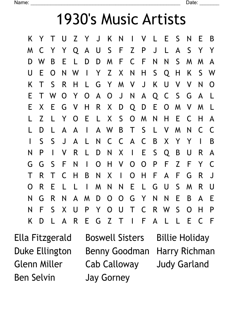 1930's Music Artists Word Search