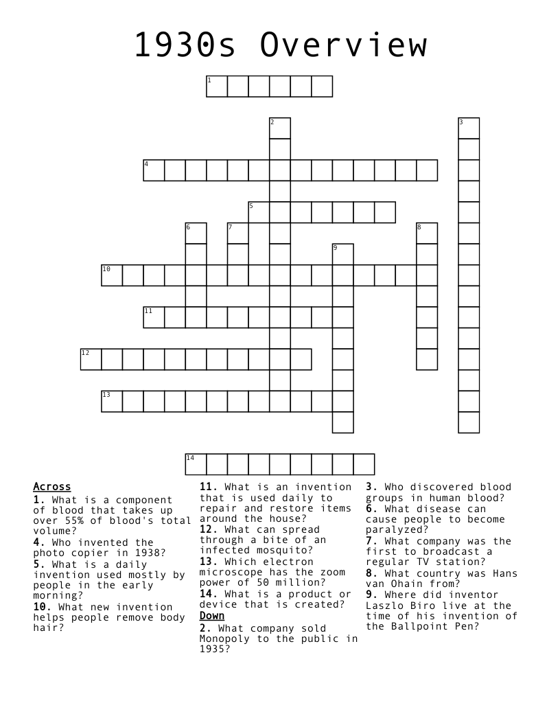 1930s Overview Crossword