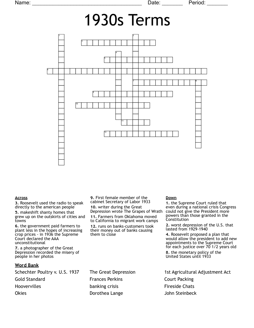 1930s Terms Crossword