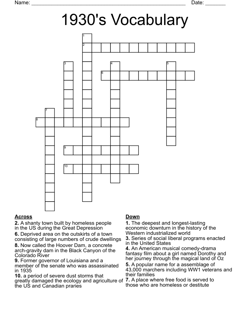 1930's Vocabulary Crossword