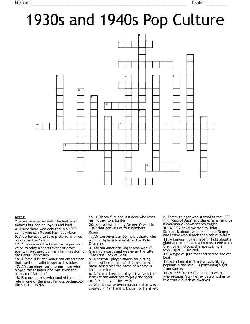 1930s and 1940s Pop Culture Crossword