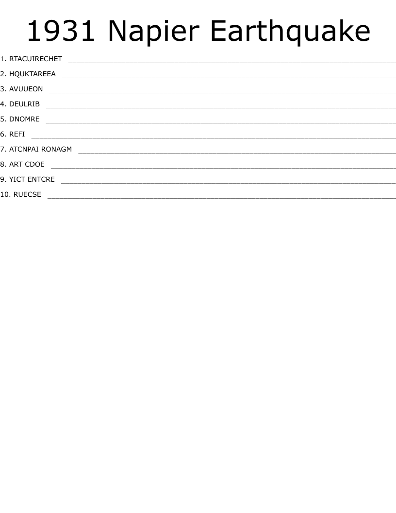 1931 Napier Earthquake Word Scramble