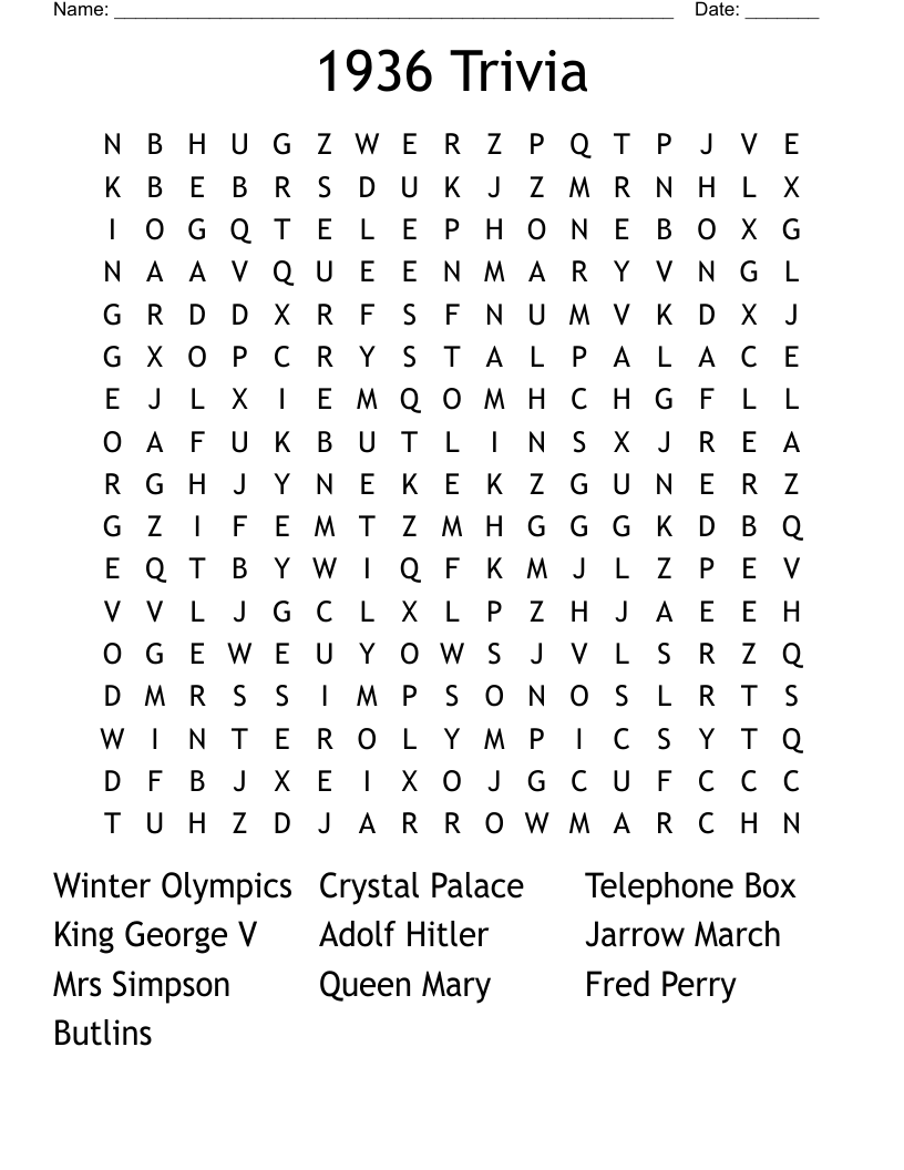 1936 Trivia Word Search