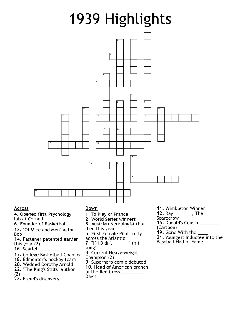 1939 Highlights Crossword
