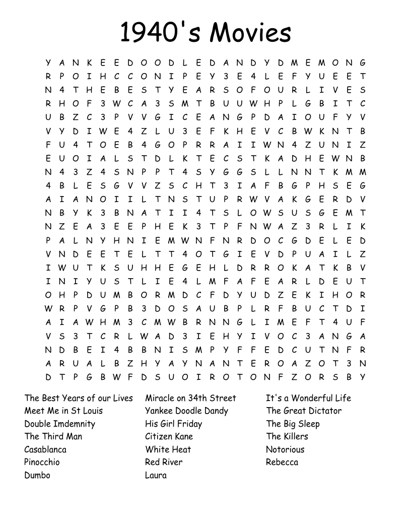 1940's Movies Word Search