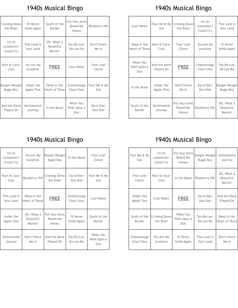 1940s Musical Bingo