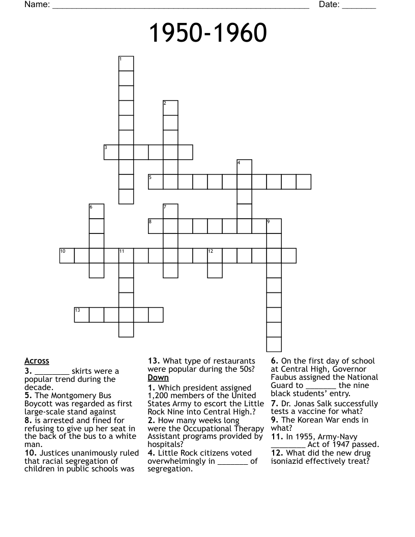 1950-1960 Crossword