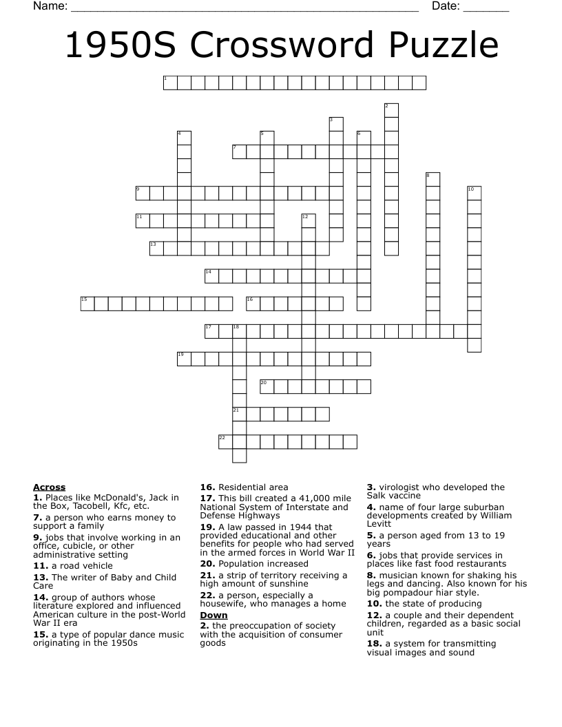 1950S Crossword Puzzle