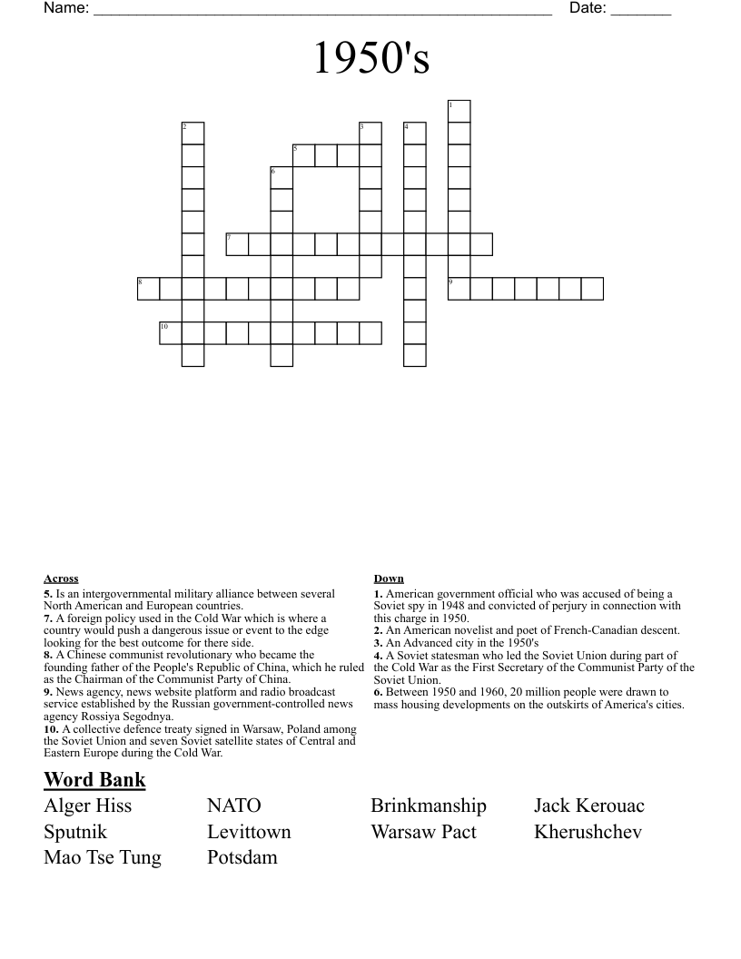 1950's Crossword