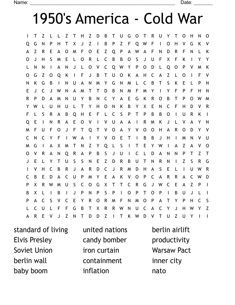 1950's America - Cold War Word Search