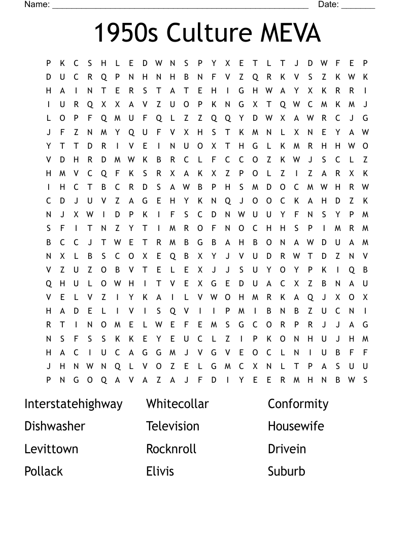 1950s Culture MEVA Word Search