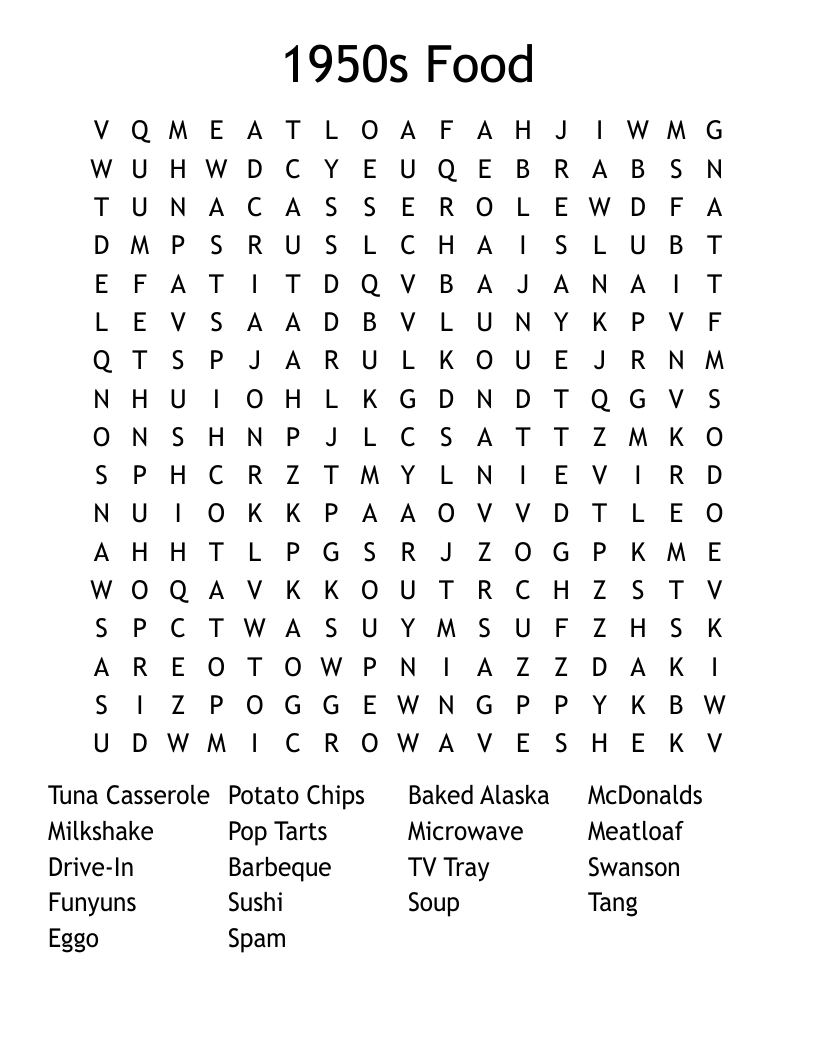 1950s Food Word Search
