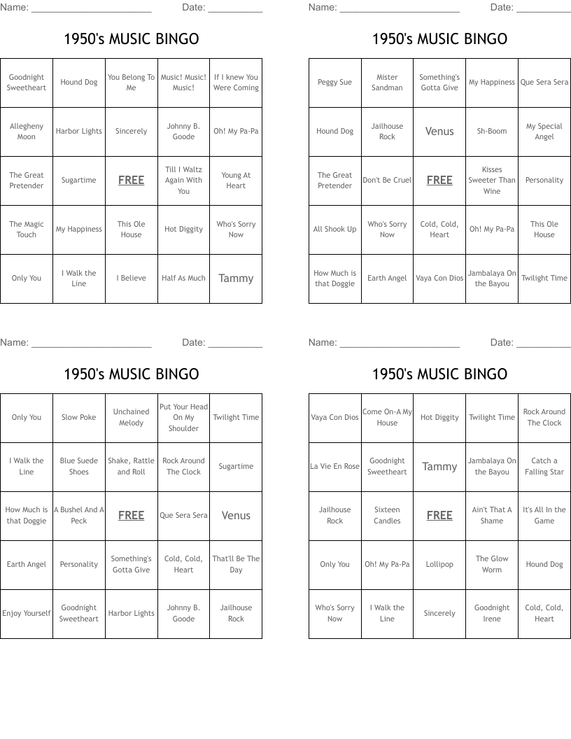 1950's MUSIC BINGO