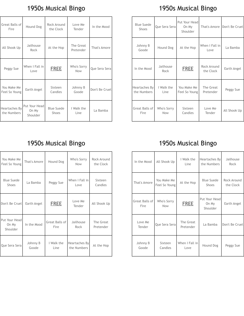 1950s Musical Bingo