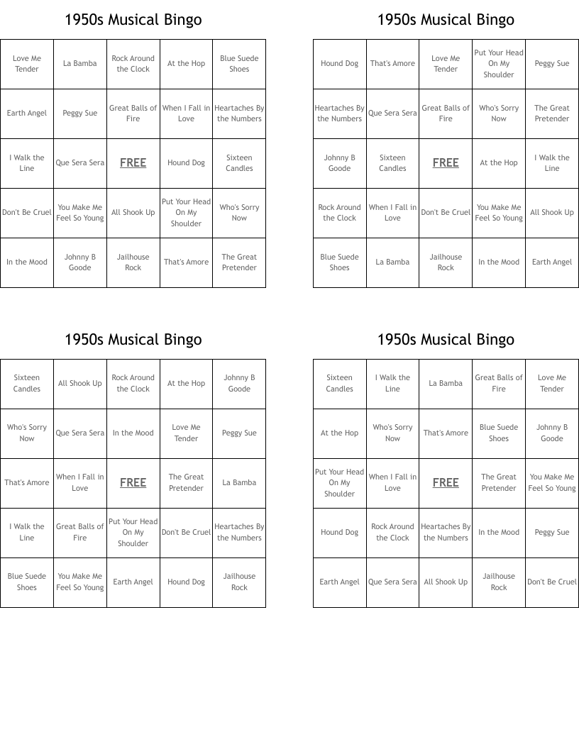1950s Musical Bingo