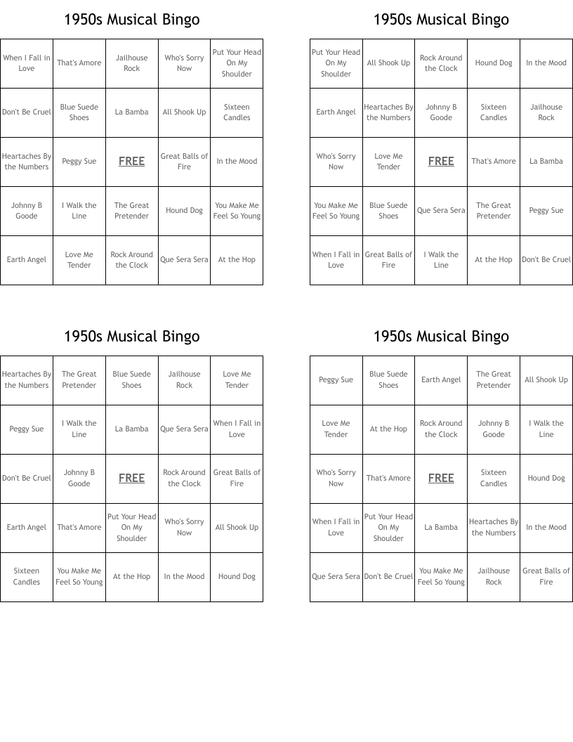 1950s Musical Bingo