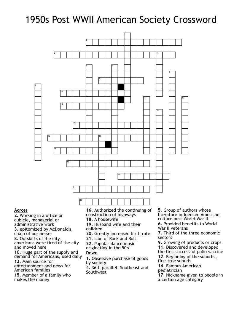 1950s Post WWII American Society Crossword