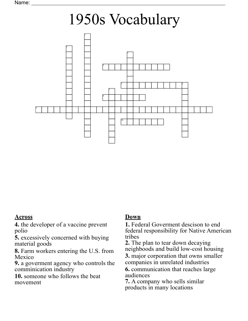 1950s Vocabulary Crossword