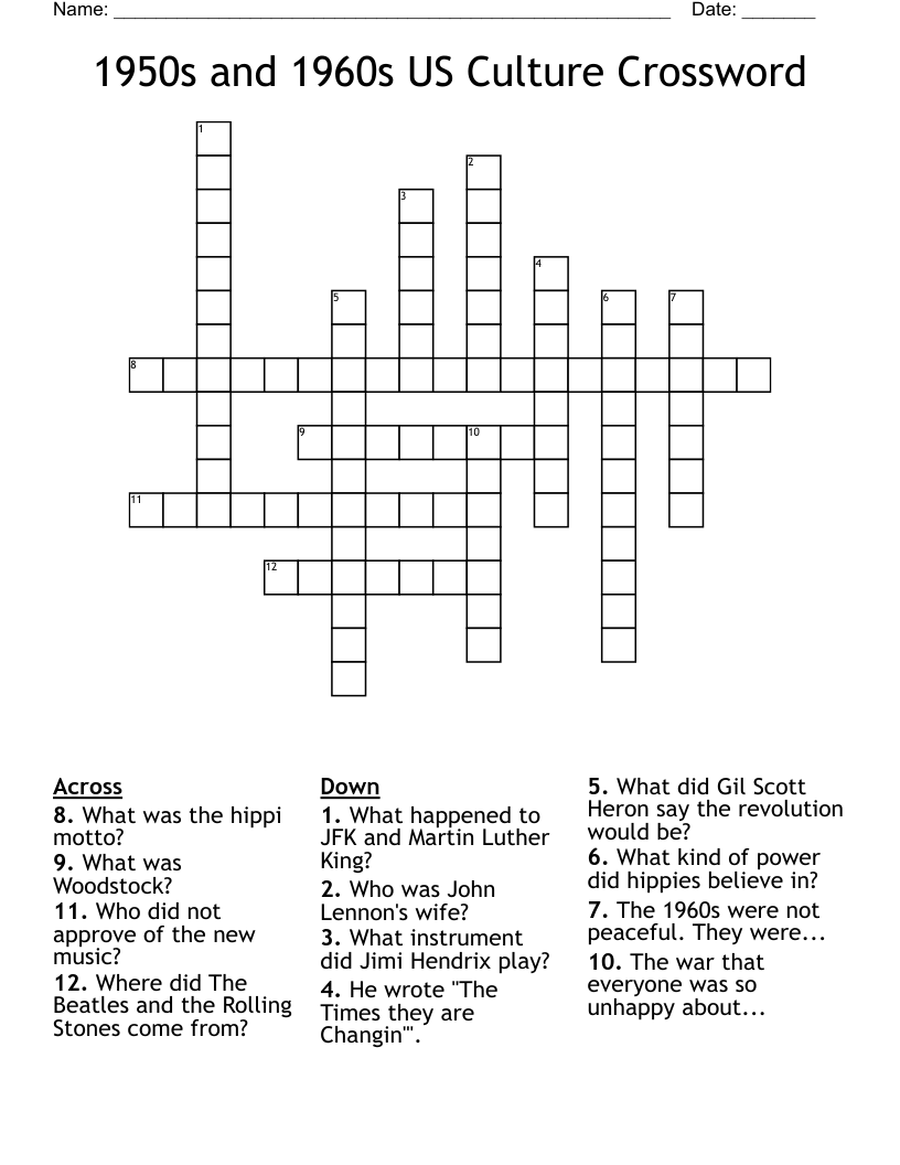 1950s and 1960s US Culture Crossword