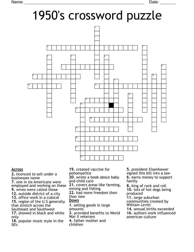 1950's crossword puzzle