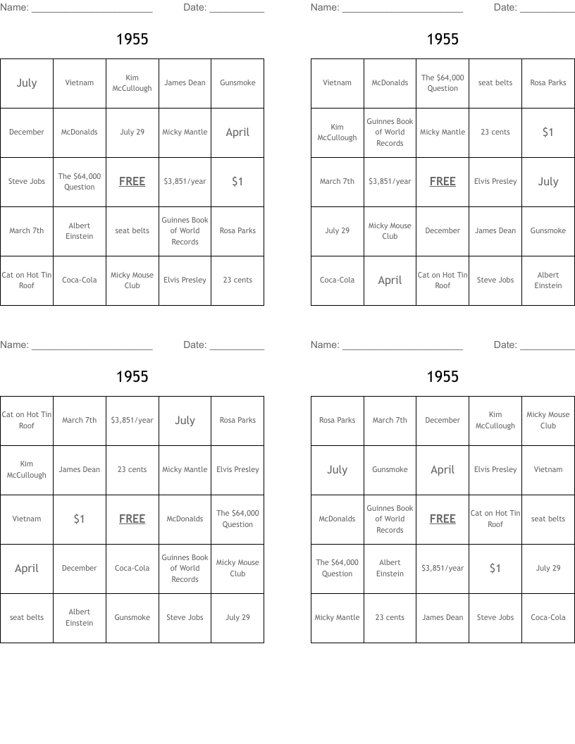 1955 Bingo Cards