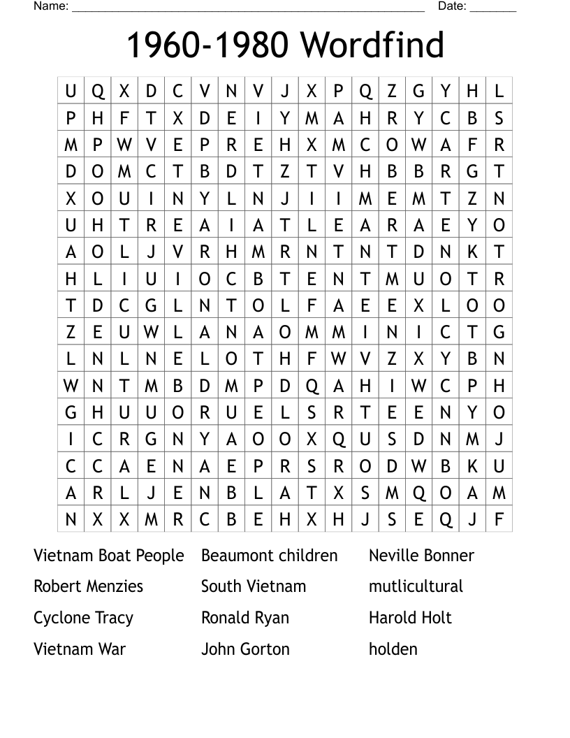 1960-1980 Wordfind Word Search