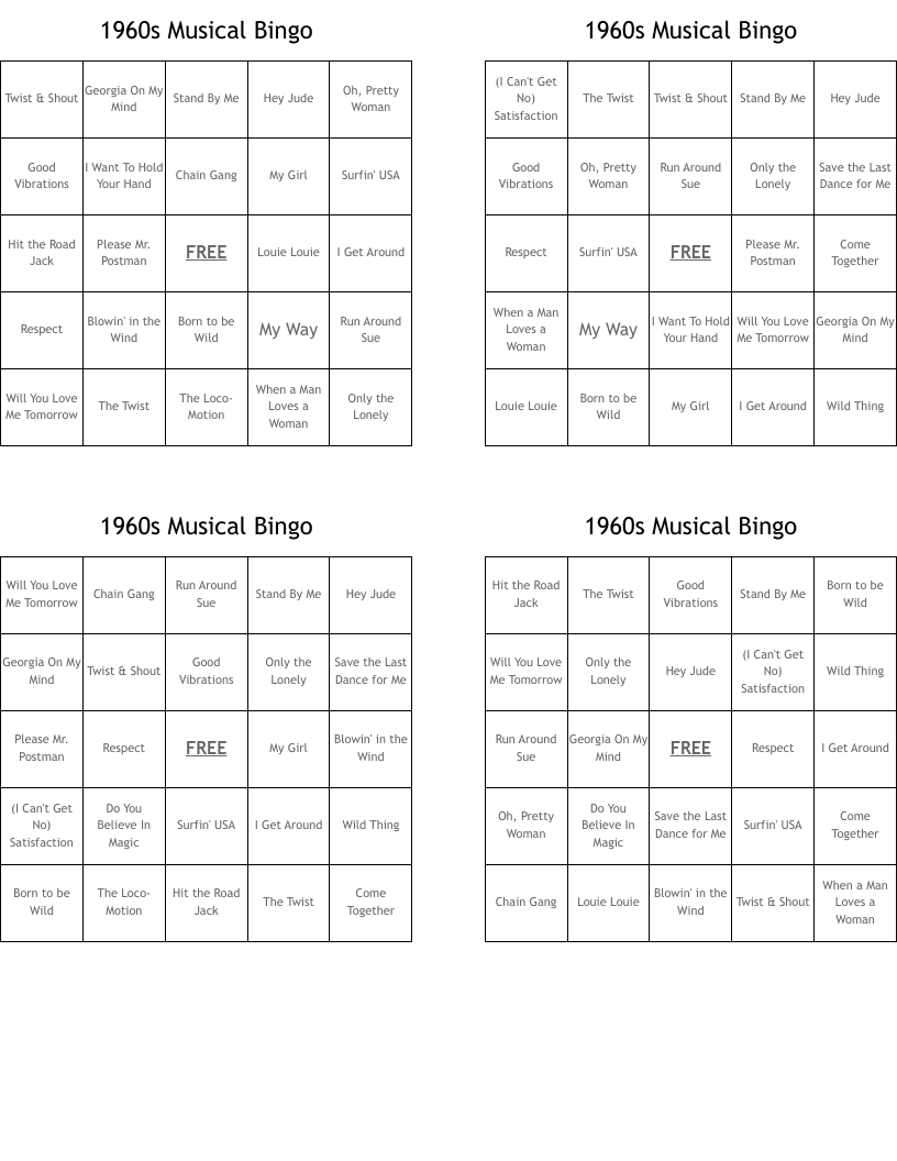 1960s Musical Bingo