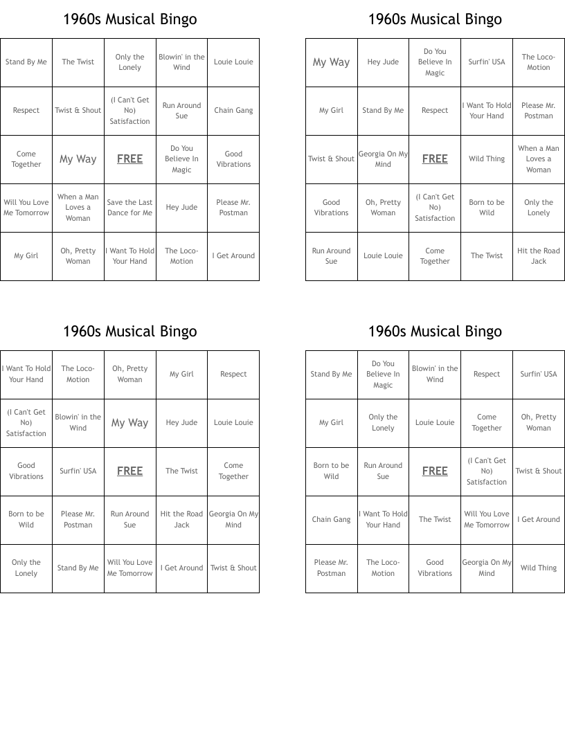 1960s Musical Bingo