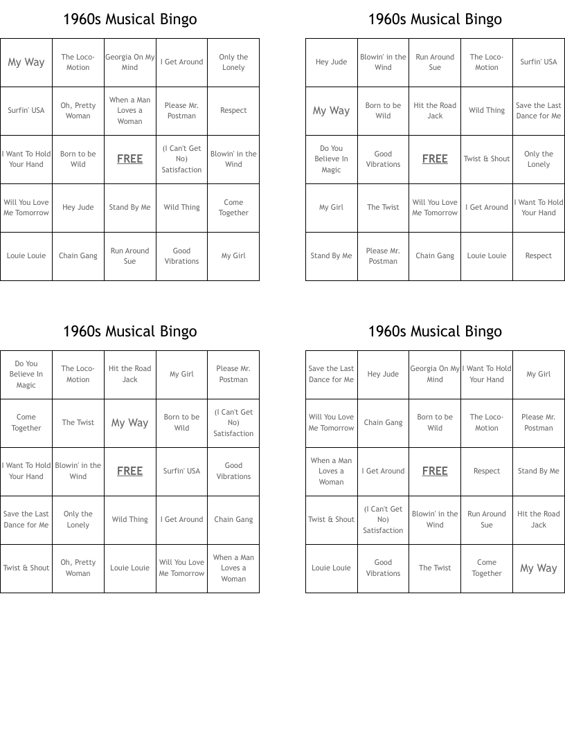 1960s Musical Bingo