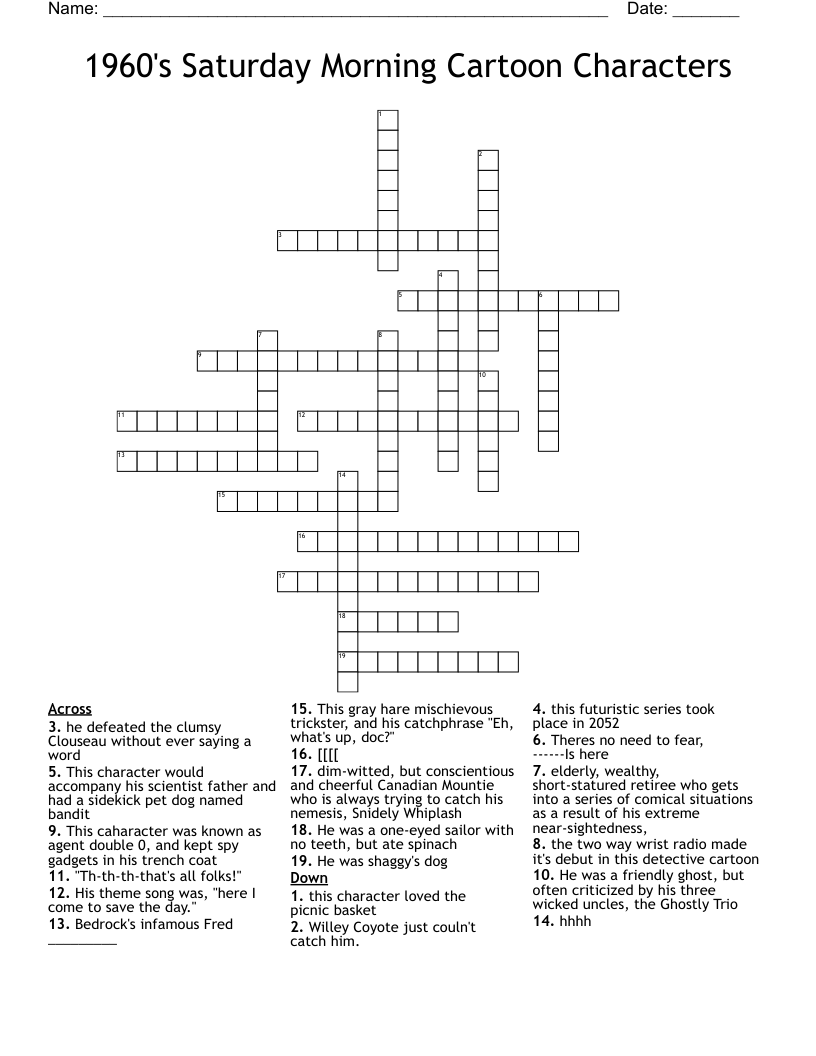 1960's Saturday Morning Cartoon Characters Crossword
