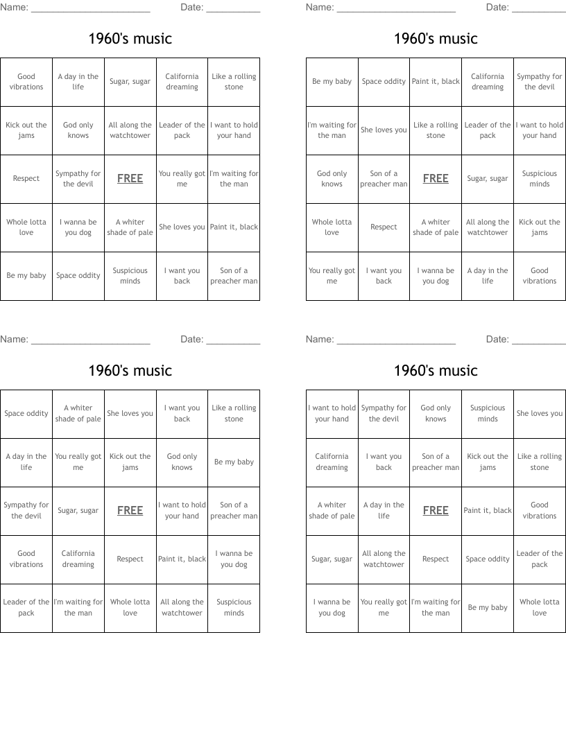 1960's music  Bingo Cards