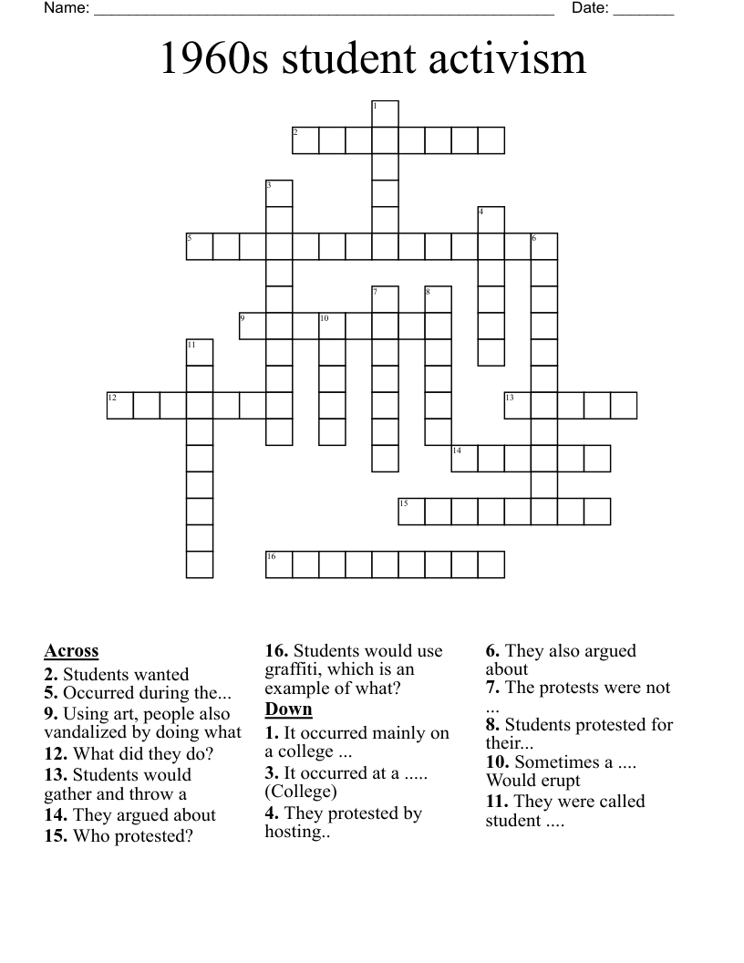 1960s student activism Crossword