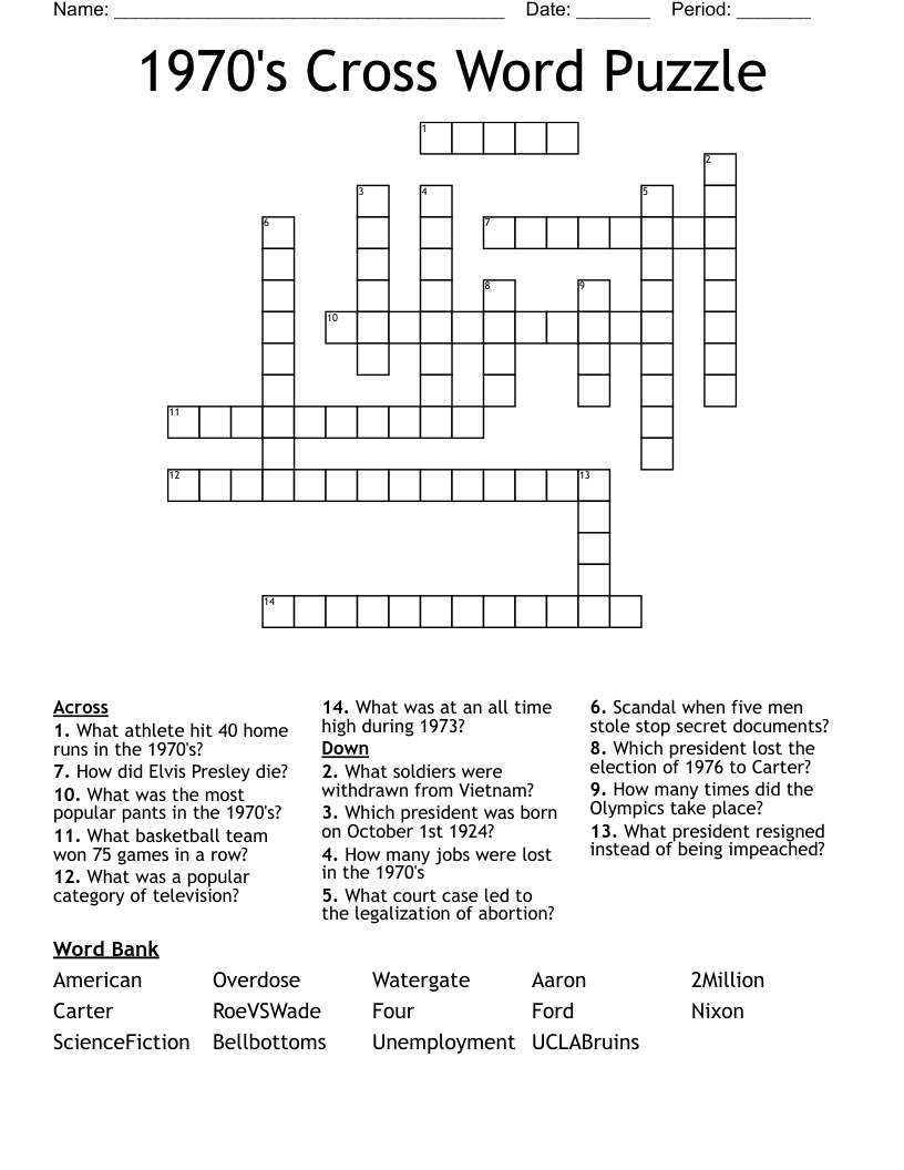 1970's Cross Word Puzzle