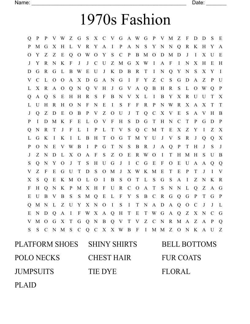1970s Fashion Word Search