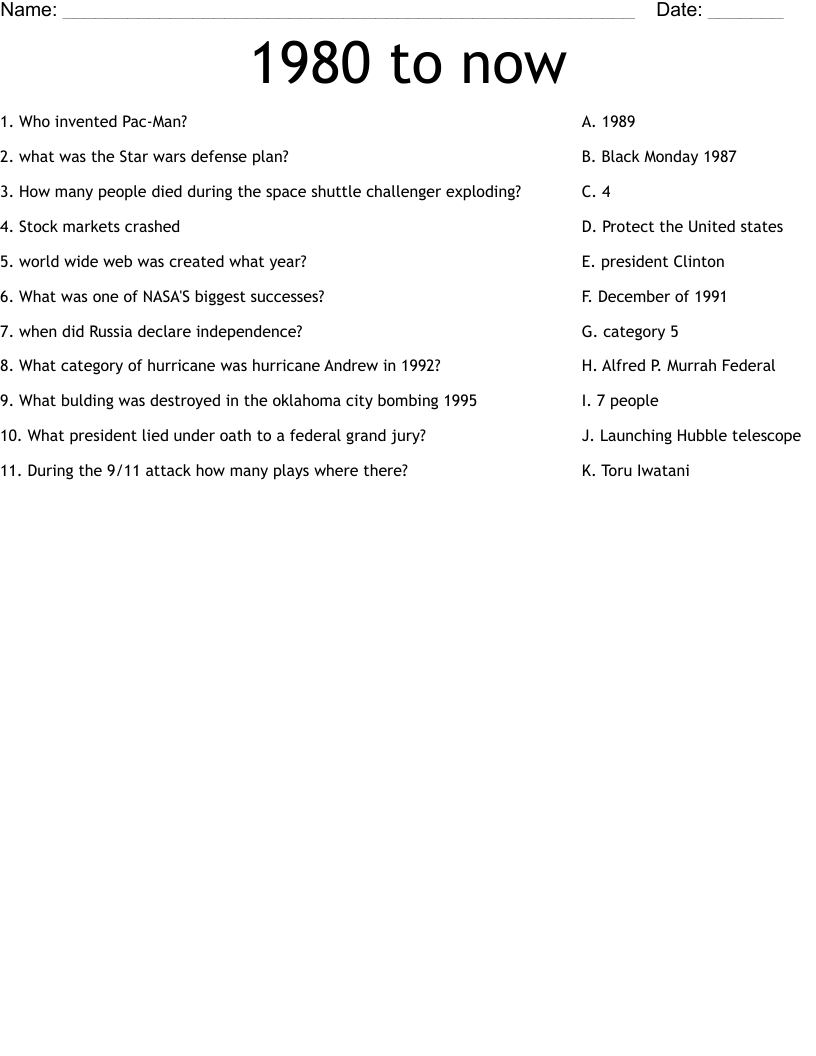 1980 to now Worksheet