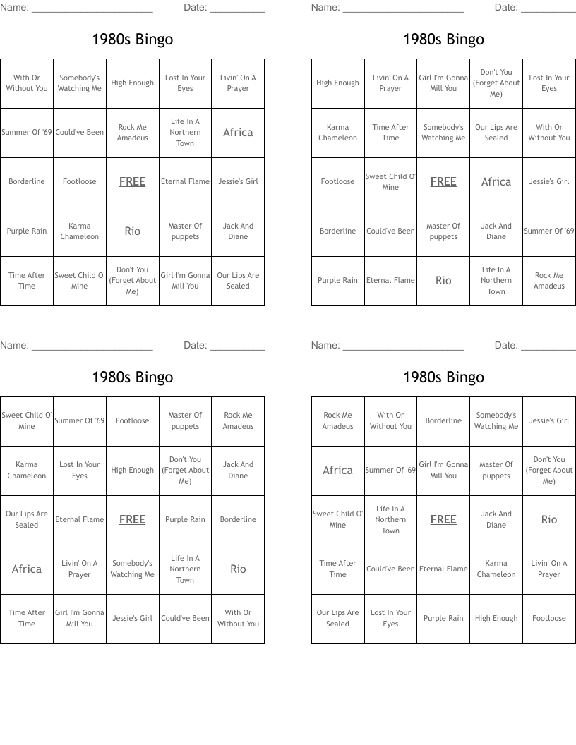 1980s Bingo